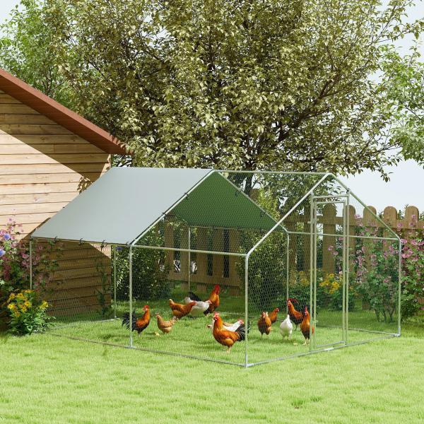 Galinheiro para Exterior 3x3,4x1,9 m Galinheiro de Aço Galvanizado com Cobertura Anti - UV Gaiola para 10 - 15 Galinhas Prata