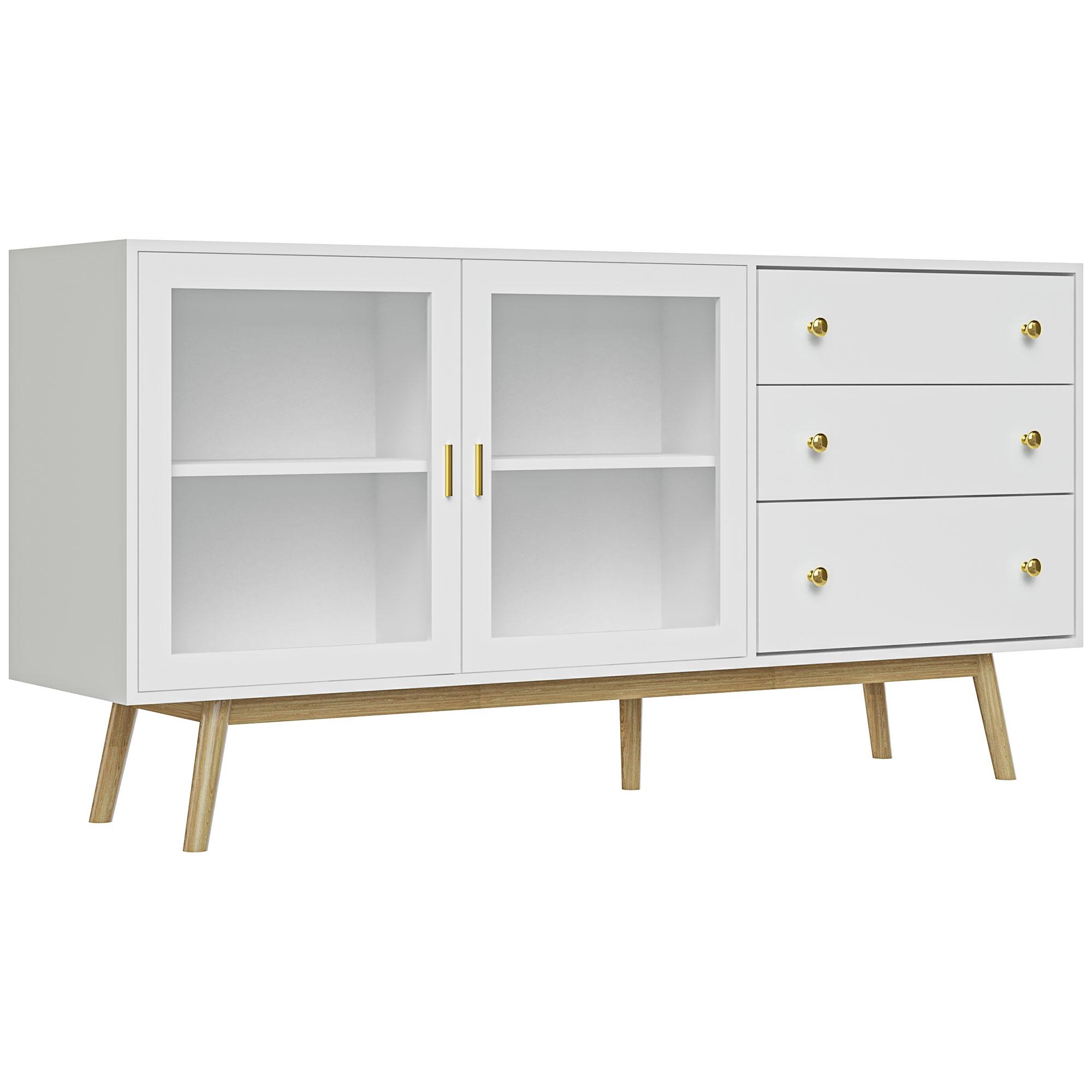 Aparador de Sala de Estar com 2 Portas de Vidro 3 Gavetas e Pés de Madeira de Borracha 160x40x80 cm Branco e Madeira