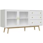 Aparador de Sala de Estar com 2 Portas de Vidro 3 Gavetas e Pés de Madeira de Borracha 160x40x80 cm Branco e Madeira