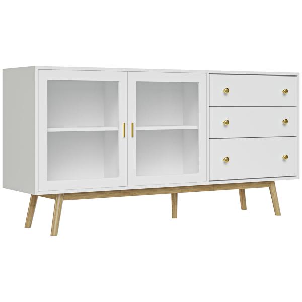 Aparador de Sala de Estar com 2 Portas de Vidro 3 Gavetas e Pés de Madeira de Borracha 160x40x80 cm Branco e Madeira