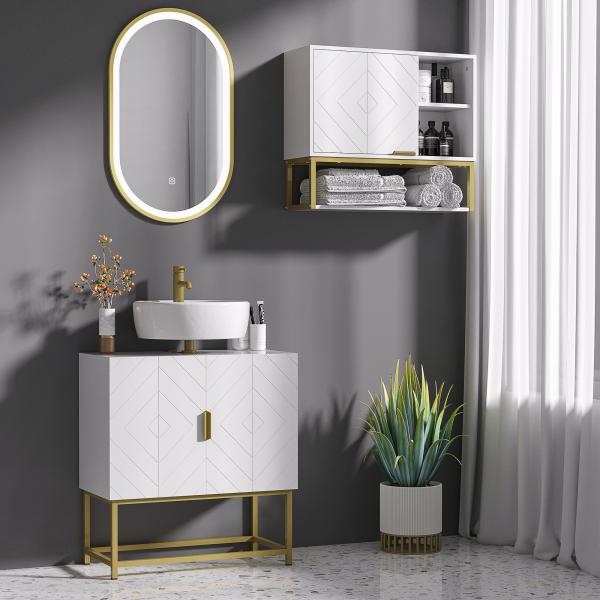 Móvel para Lavatório Pousar Moderno com 2 Portas e Pés de Aço 60x30x65 cm Branco e Dourado
