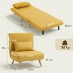 Sofá - Cama Individual Dobrável com Encosto Ajustável em 5 Posições, Sofá - Cama Estofado com Almofada 72x75x85 cm Amarelo