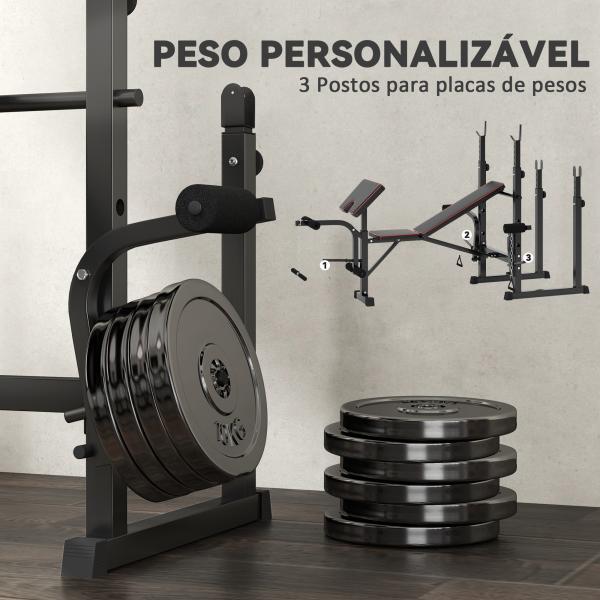 Banco de Musculação Dobrável Banco Multifunções com Suportes para Barras e Encosto Ajustável para Treino Completo de Corpo Preto