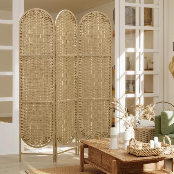 Biombo Separador de Ambientes 3 Painéis 120x170 cm Painel de Privacidade Dobrável Boémio com Topo Arqueado Entrançado à Mão Madeira