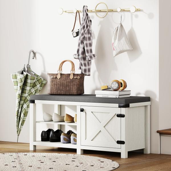 Banco Sapateira Rústico Organizador de Sapatos com Compartimentos para 7 Pares de Sapatos 100x40x48 cm Branco com Veios e Cinza