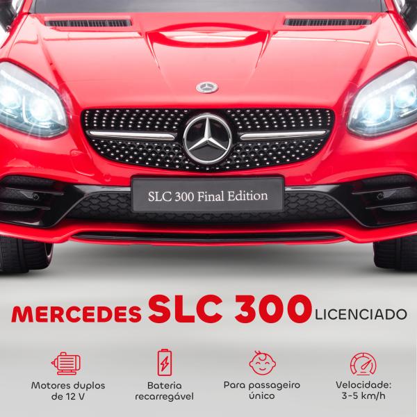 Carro Elétrico Mercedes SLC 300 12V com Controlo Remoto Faróis LED Música TF USB e Abertura da Porta 3 - 5km/h 107x62,5x44 cm Vermelho
