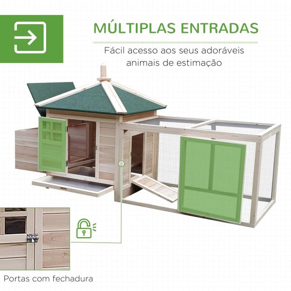 Galinheiro de Madeira de Abeto para Galinhas Exterior com Caixa Ninho Bandeja Removível e Espaço para Correr 196x76x97 cm Natural