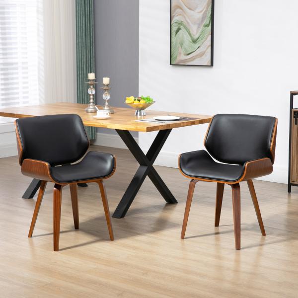 Conjunto de 2 Cadeiras de Jantar com Pés de Madeira Estofadas em Couro Sintético Encosto Curvado 53x54x81 cm Preto