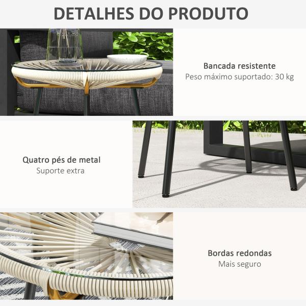 Mesa Auxiliar de Vime Sintético para Exteriores com Bancada de Vidro Temperado e Pés de Metal Ø50x50 cm Creme e e Preto