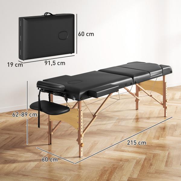 Marquesa de Massagem Dobrável Portátil com Altura Ajustável Apoio de Cabeça Apoios de Braço Acolchoados 215x60x64 - 89 cm Preto