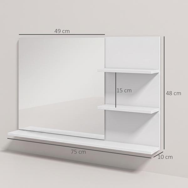 Espelho de Casa de Banho de Parede com 2 Prateleiras Laterais e Prateleira Inferior 75x10x48 cm Branco