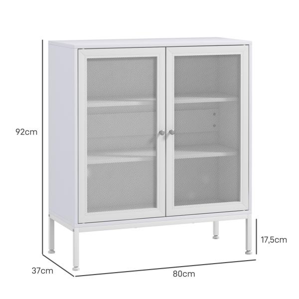 Aparador de 3 Níveis com Portas de Malha e Prateleira Ajustável Aparador de Cozinha Moderno para Sala 80x37x92 cm Branco