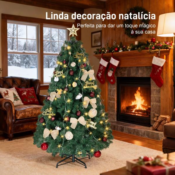 Árvore de Natal de 150 cm com Decorações 150 Luzes LED Branco Quente 8 Modos de Iluminação e 480 Ramos Verde