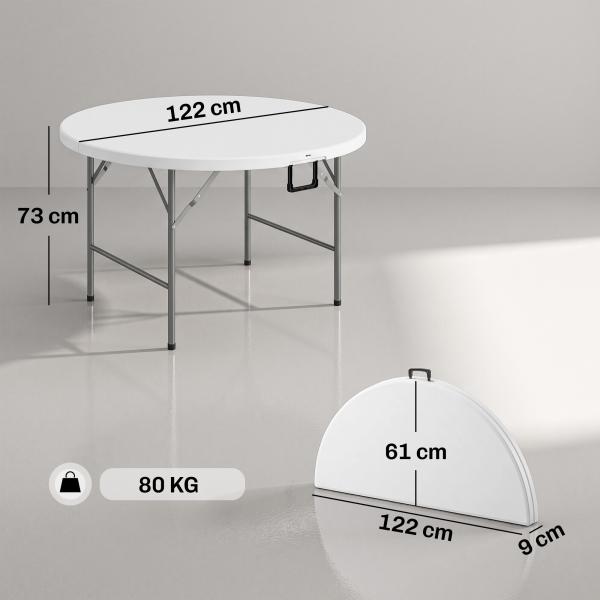 Mesa de Jardim Redonda Mesa de Varanda Dobrável com Estrutura de Aço e Bancada de HDPE Ø122x73 cm Branco