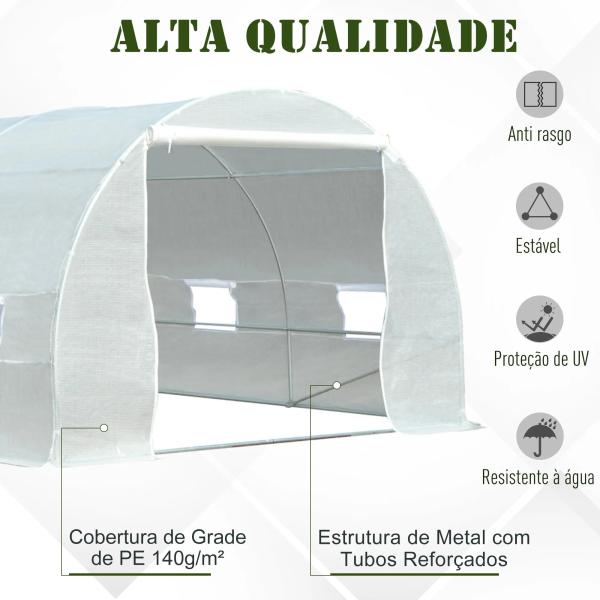 Estufa Tipo Túnel 595x300x200 cm com 8 Janelas e Cobertura de Polietileno para Cultivo de Plantas Estrutura de Aço 24mm para Jardim Branco