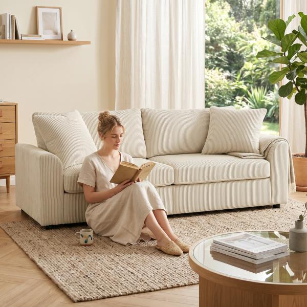 Sofá de 3 Lugares Moderno 212x80x88 cm Sofá Sala de Estar Estofado com 2 Almofadas Apoio de Braços e Estrutura de Aço Creme