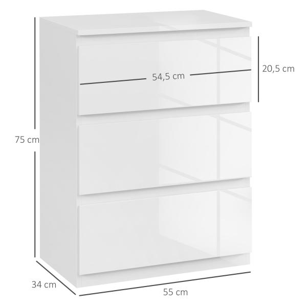 Cómoda com 3 Gavetas de Madeira Cómoda de Dormitório Cómoda Branca Estilo Moderno 55x34x75 cm Branco Brilhante