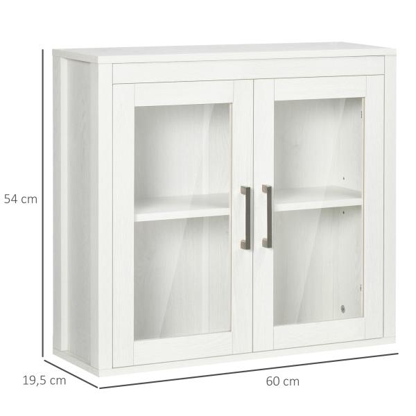 Armário Casa de Banho de Parede com 2 Portas de Vidro e Prateleira Móvel Suspenso de Casa de Banho 60x19,5x54cm Branco