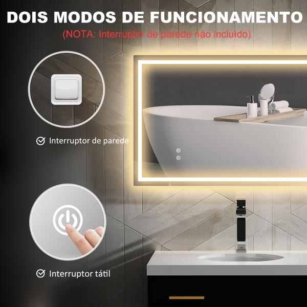 Espelho Casa de Banho com Luz LED 100x60 cm Espelho de Parede com Iluminação Anti - Embaciamento Brilho Ajustável e Interruptor Tátil