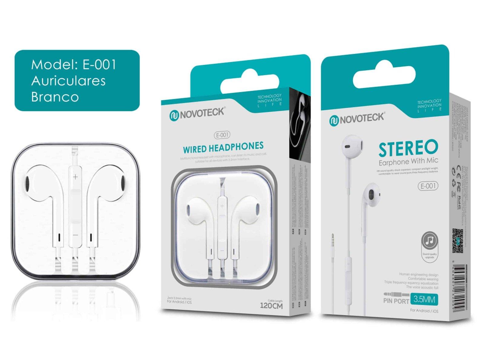 Auriculares Estéreo Branco NOVOTECK E-001 com Microfone