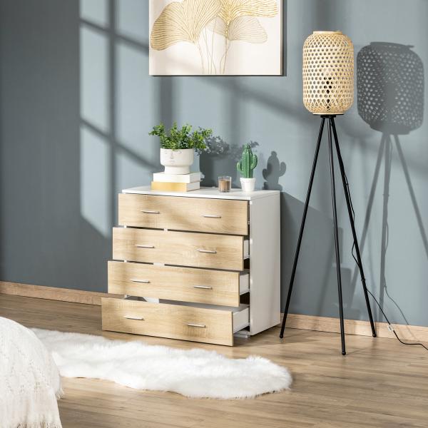 Cómoda com 4 Gavetas Cómoda Auxiliar de Armazenamento Moderna para Dormitório Corredor Sala de Estar 76x35x72cm Carvalho e Branco