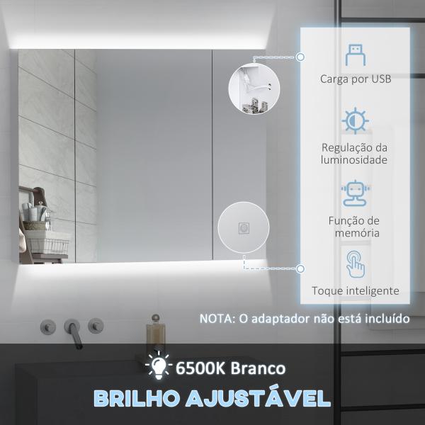 Armário Casa de Banho com Espelho e Luzes LED Armário com Espelho Casa de Banho com Prateleiras Ajustáveis e USB 90x15x75 cm Branco
