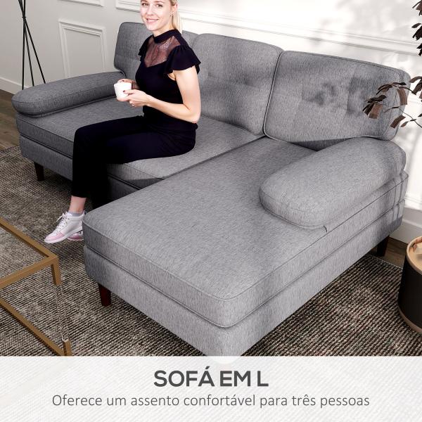Sofá de Canto com Chaise Longue em Forma de L Estofado em Poliéster para Sala Capacidade 250 kg 215x142x88 cm Cinza