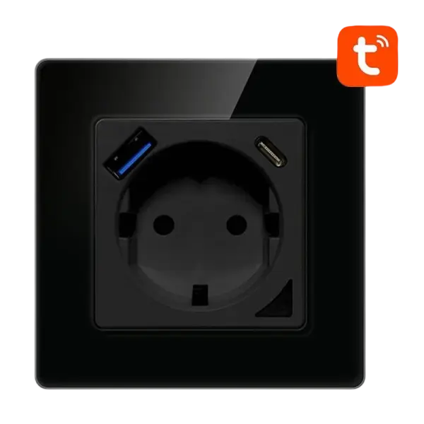 Tomada de Parede Inteligente WiFi N - WOT10 - USB - B Tuya c/ 1x USB + 1x USB - C (Preto) - AVATTO