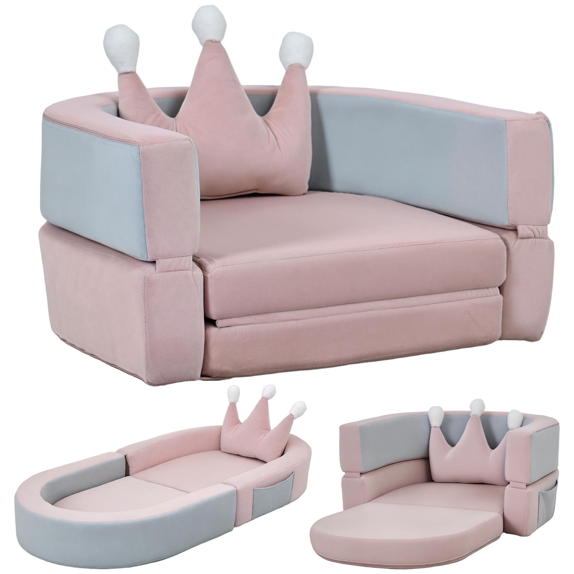 Sofá para Crianças com Almofada em Forma de Coroa Dobrável em Cama e Zona de Brincadeiras 116x61x14 cm Rosa e Azul Acinzentado