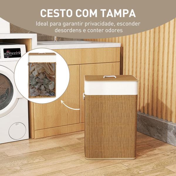 Cesto de Roupa com Tampa 72L Cesto de Roupa de Bambu com Bolsa Interior Removível e Alças 40x30x60 cm Madeira e Creme