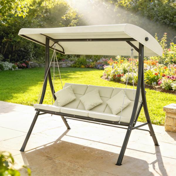Baloiço de Jardim Exterior de 3 Lugares com Toldo Ajustável e Estrutura de Aço 202x115x168 cm Bege