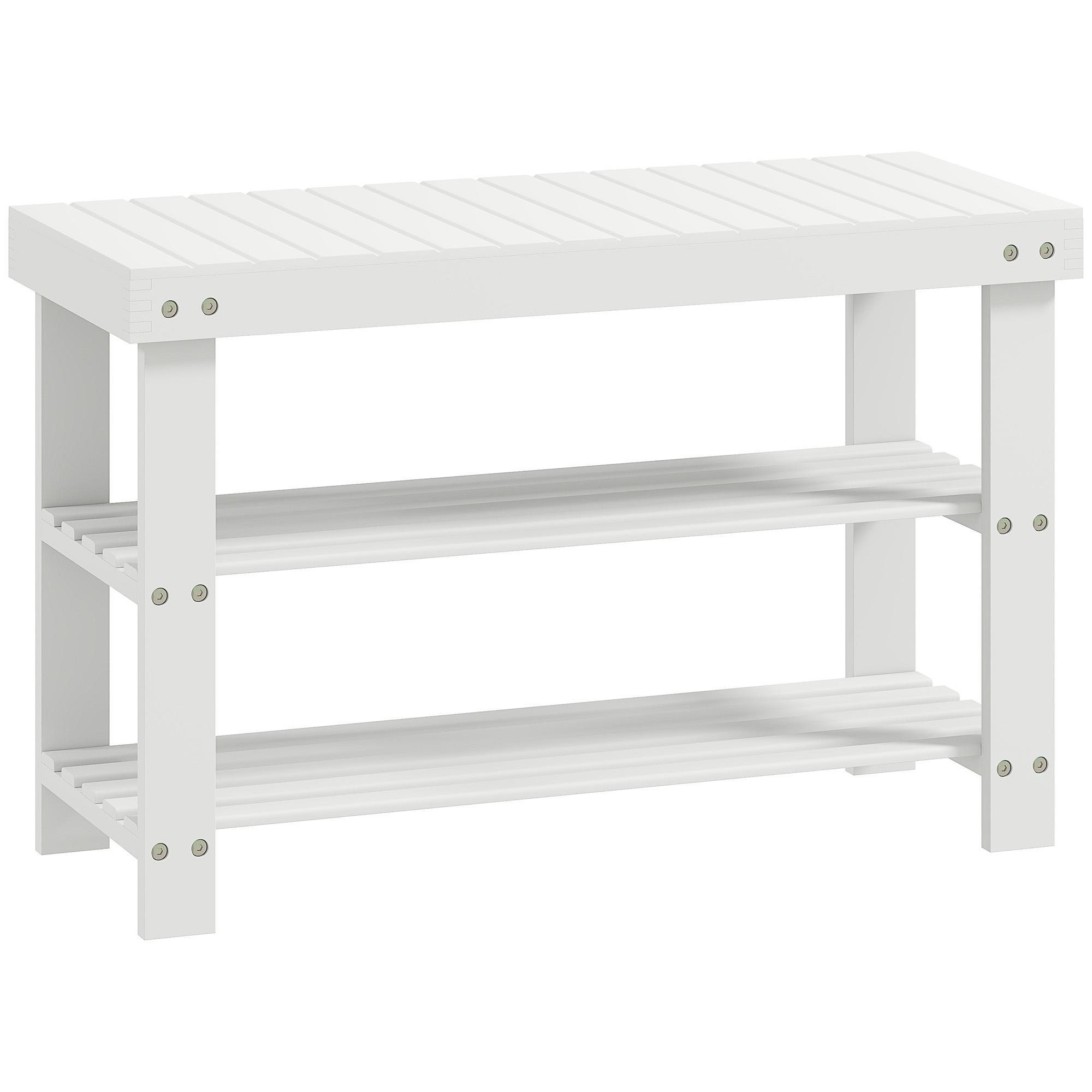 Banco Sapateira de Bambu Organizador de Sapatos com 2 Prateleiras para 6 - 9 Pares de Sapatos 70x28x45 cm Branco