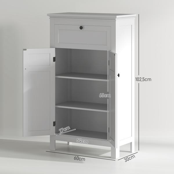 Armário Casa de Banho Móvel Casa de Banho com Gaveta 2 Portas e Prateleira Ajustável 60x30x102,5 cm Branco