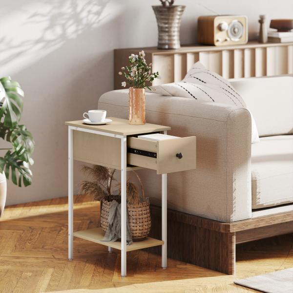 Mesa Auxiliar Estreita Mesa Auxiliar Industrial com Gaveta Prateleira Aberta e Estrutura Metálica 25x39,8x58,2 cm Madeira