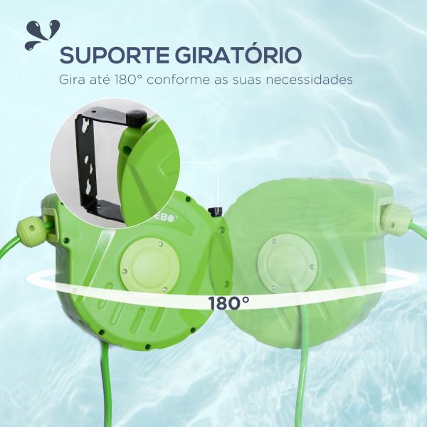 Carrete para Mangueira 10m+1m Enrolador de Mangueira Montado na Parede Enrolador Automático 180º Giratório 35,5x11,x5x27,5cm Verde