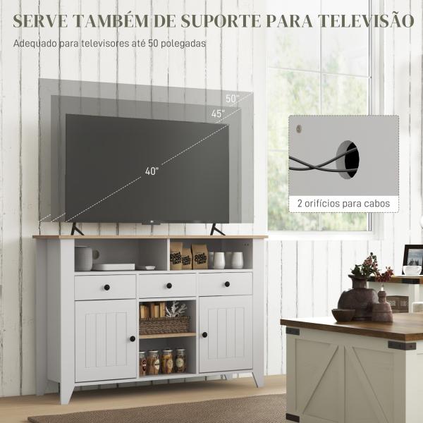 Aparador de Cozinha com 3 Gavetas 2 Armários 2 Prateleiras Abertas e 2 Prateleiras Ajustáveis Estilo Moderno 120x38x81,5 cm Branco