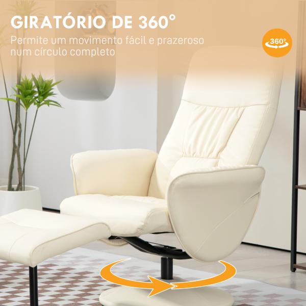 Poltrona Relax com Apoio para os Pés Estofada em PU Reclinável até 145° e Giratório 360° com Encosto Ajustável 81x81x105cm Creme