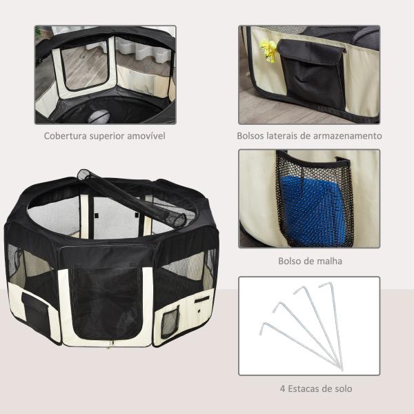 Parque para Animais de Estimação Dobrável com 2 Portas e Almofada Tecido Oxford Ø120x58 cm Preto