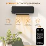 Aquecedor Cerâmico de Parede 1000W/2000W com Controle Remoto Tela LED Temporizador de 12h Termostato 56x18,5x11,7 cm Preto
