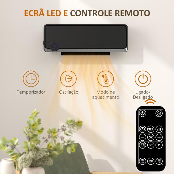 Aquecedor Cerâmico de Parede 1000W/2000W com Controle Remoto Tela LED Temporizador de 12h Termostato 56x18,5x11,7 cm Preto
