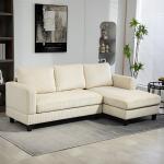 Sofá Chaise Longue de 3 Lugares em L Estofado em Veludo Assento e Encosto Almofadados 214x134x87 cm Bege