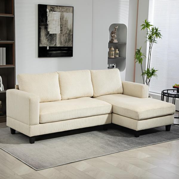 Sofá Chaise Longue de 3 Lugares em L Estofado em Veludo Assento e Encosto Almofadados 214x134x87 cm Bege