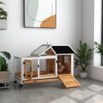 Coelheira de Madeira com Rodas para 1 - 2 Coelhos com Teto Abatível Bandeja Amovível 108x58x73,5 cm Madeira e Branco