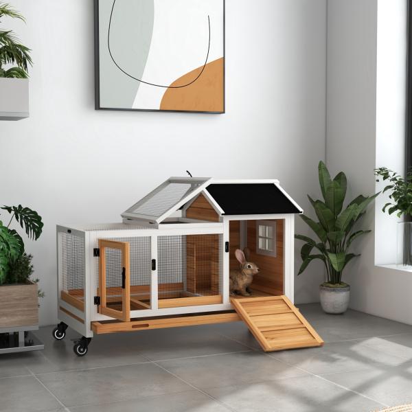 Coelheira de Madeira com Rodas para 1 - 2 Coelhos com Teto Abatível Bandeja Amovível 108x58x73,5 cm Madeira e Branco