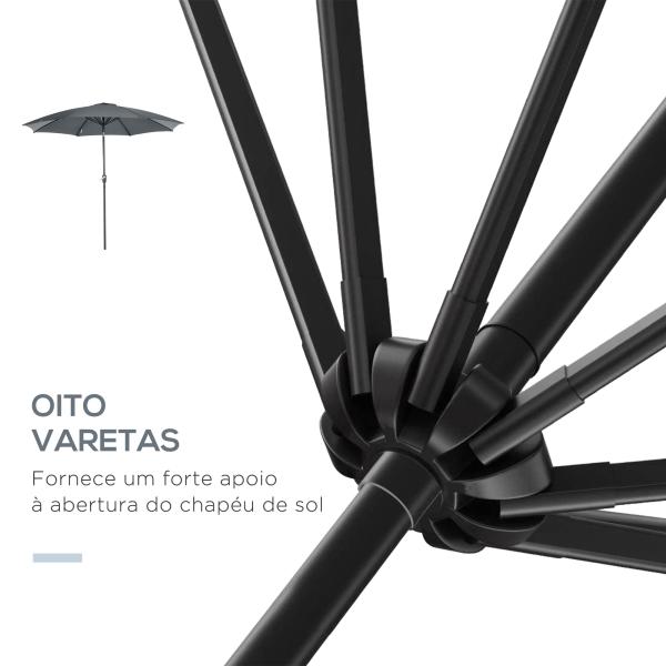 Chapéu de Sol a Manivela com Teto Inclinável e 8 Hastes de Metal para Pátio Varanda Exterior Ø300x240 cm Cinza