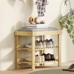 Banco Sapateira de Bambu Sapateira com Assento Almofadado 2 Prateleiras para 6 Pares de Sapatos 60x29x49 cm Madeira e Cinzento