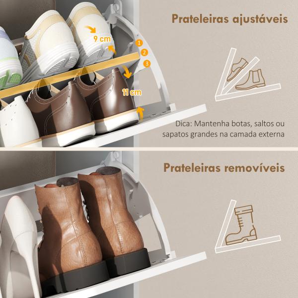 Sapateira Estreita com 3 Gavetas Rebatíveis Prateleiras Ajustáveis e Compartimento Aberto Capacidade para 12 - 18 Pares Branco