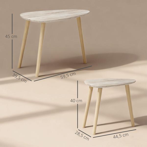 Conjunto de 2 Mesas Auxiliares com Pés de Madeira Mesas de Café 59,5x39,5x45 cm e 44,5x28,5x40 cm Madeira
