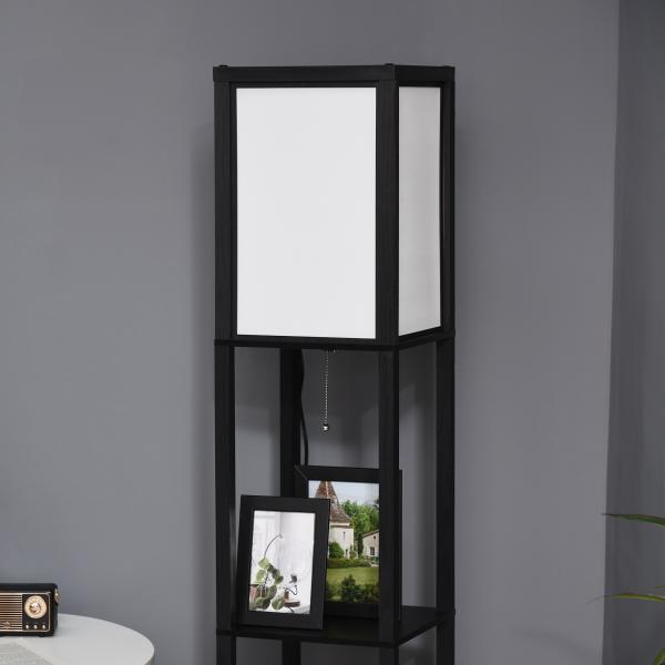 Candeeiro de Pé de Madeira com Prateleira Suporte para Lâmpada E27 Candeeiro Moderno 26x26x156 cm Preto e Branco
