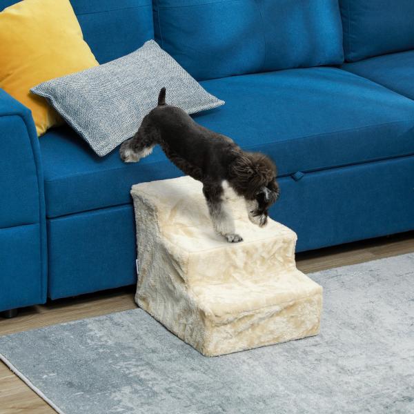 Escada para Cães de 3 Degraus com Capa Removível e Lavável Rampa para Cães para Cama Sofá 46x35x35 cm Bege